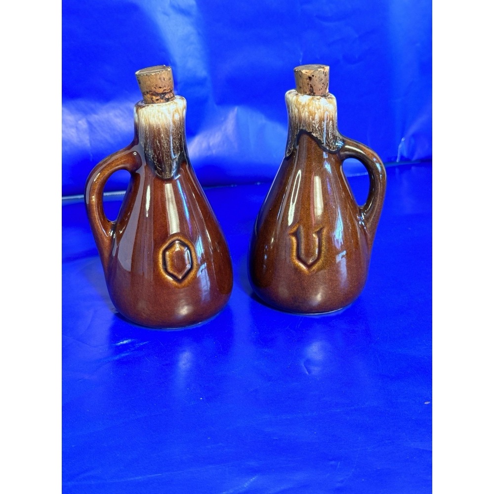 Vtg McCoy Oil & Vinegar Cruets‎ Brown Drip Glaze No Stoppers Set V & O 5"H